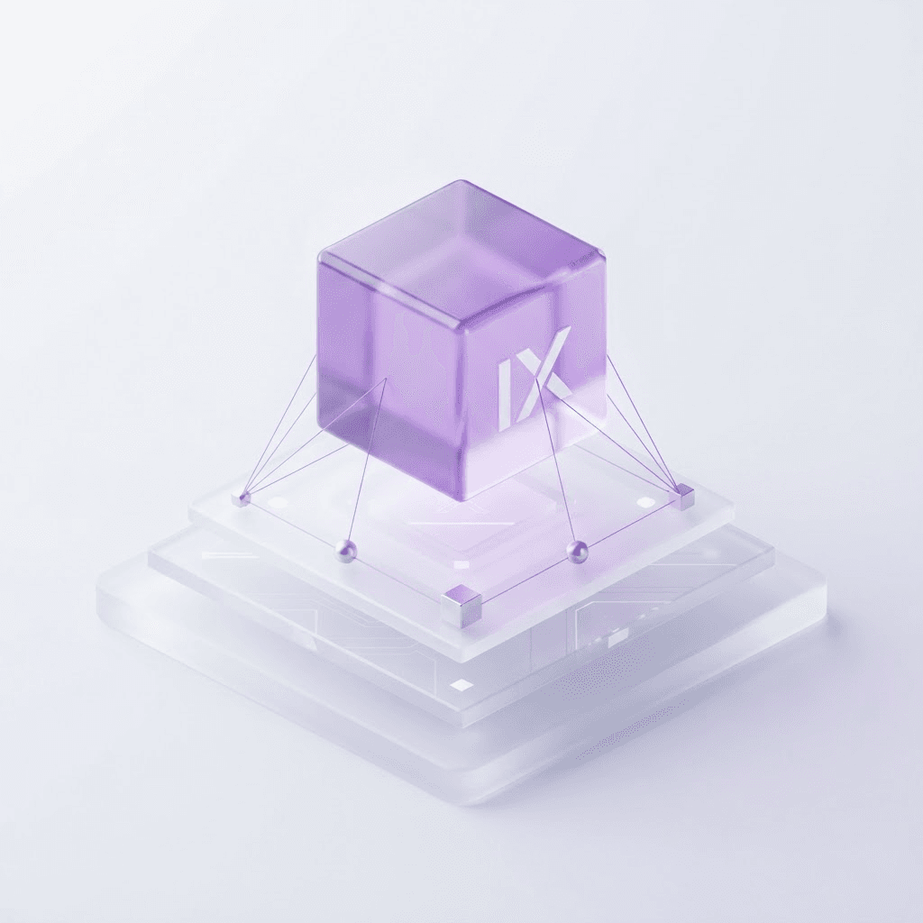 Transparent IX cube floating above connected blockchain infrastructure layers